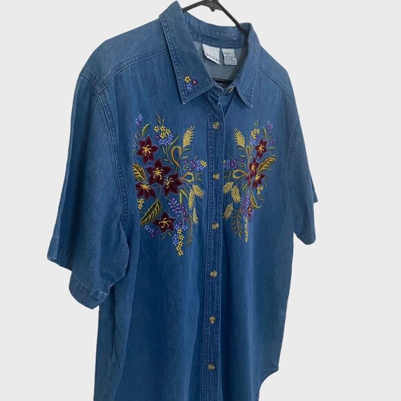 Vintage Bobbie Brooks Embroidered Floral Print Denim Button-Up Shirt Women's XL - Picture 4 of 10